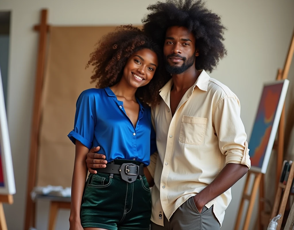 Attractive French-Nubian man with wavy hair and dark skin, wearing a relaxed cream shirt and complementary pants, holding a paintbrush, standing next to a short pale young woman in a paint studio. The man has a kind expression; the woman has a soft smile, vibrant maroon layered wavy chest-length hair, wearing a sapphire blue silk halter top, black velvet shorts with a green sheen, a thick black belt, and red wedge sandals.