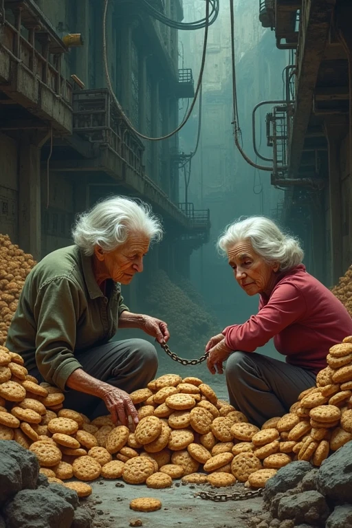 ((best quality)), ((masterpiece)), (detailed), Paint me a picture in the style of orteils cookie clicker of the cookie mine with grandmas in chains being forced to mine them. Make it fitting for a masterpiece art gallery