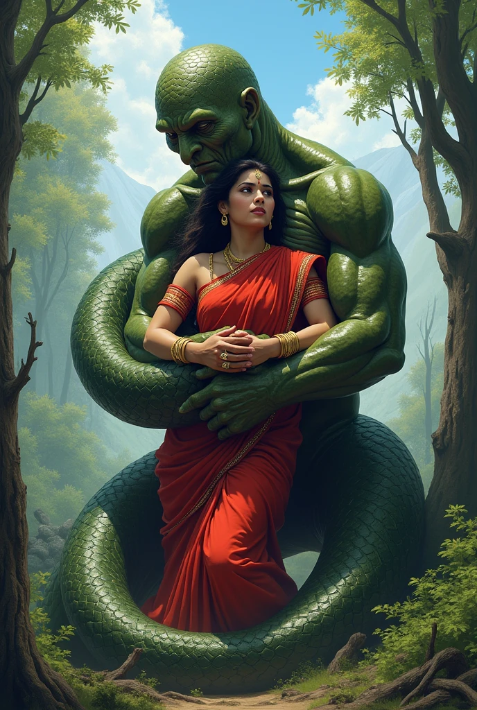 Venom which half body is man body and half body is snake tail head part is man body and legs part is snake tail voluptuous snake who wrapped his tail around a Nepali woman in the forest and that woman is wearing a Nepali red saree and the environment is very beautiful and blue sky in the forest and that women is being wrapped by that half man half snake man with his tail they are not lover they both are enemy