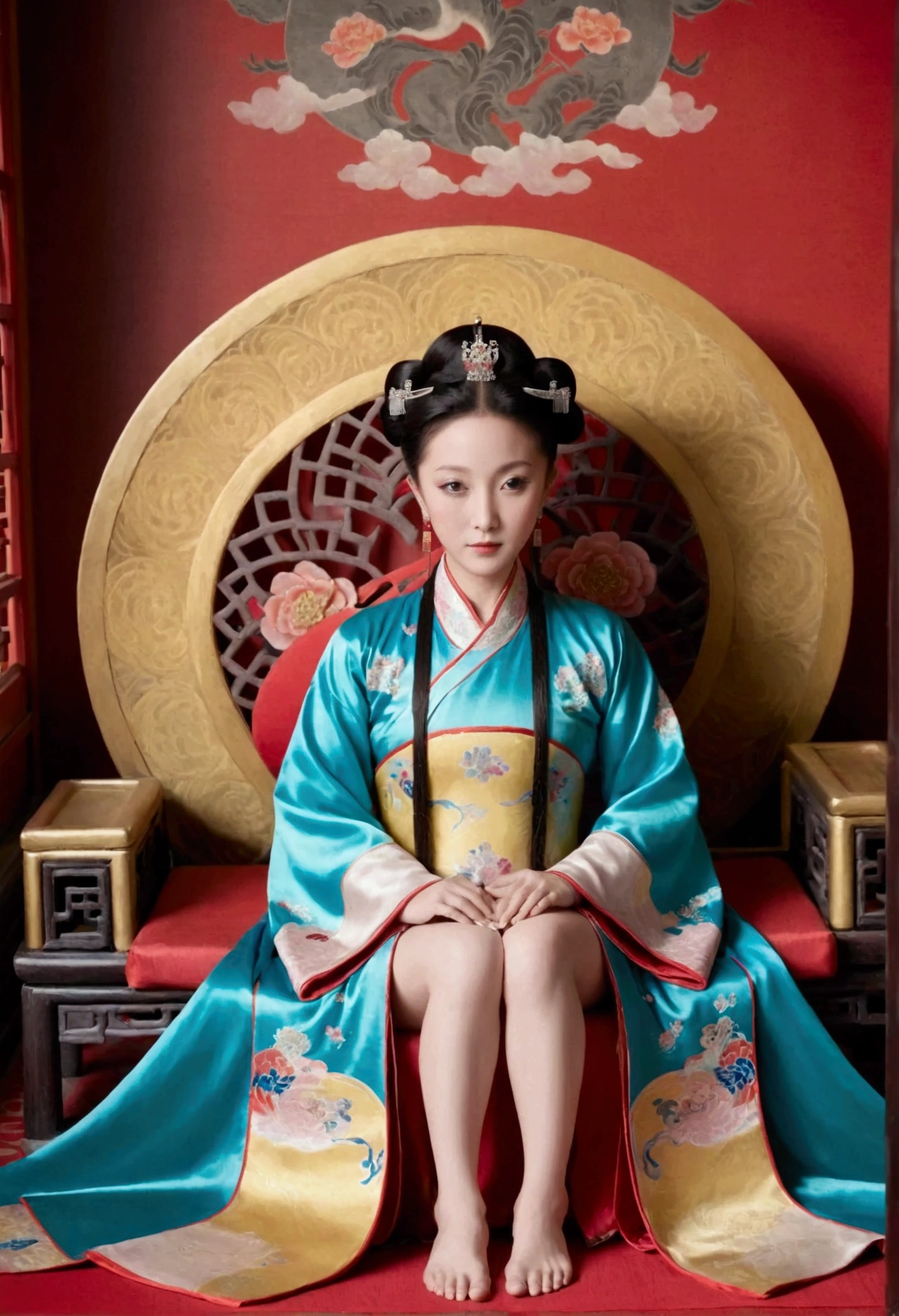 A gorgeous empress from the Chinese imperial court during the Qing Dynasty, fully naked on a large golden sofa, spreading one&#39;s legs open wide with knees bent,creating the shape of the letter M（Porn Pose） A gorgeous Chinese imperial empress with her hair tied on both sides and wearing a crown、Background of kinky and erotic woman tying her hair、The story is set in the luxurious rooms of an empress in the Chinese imperial court during the Qing dynasty.。