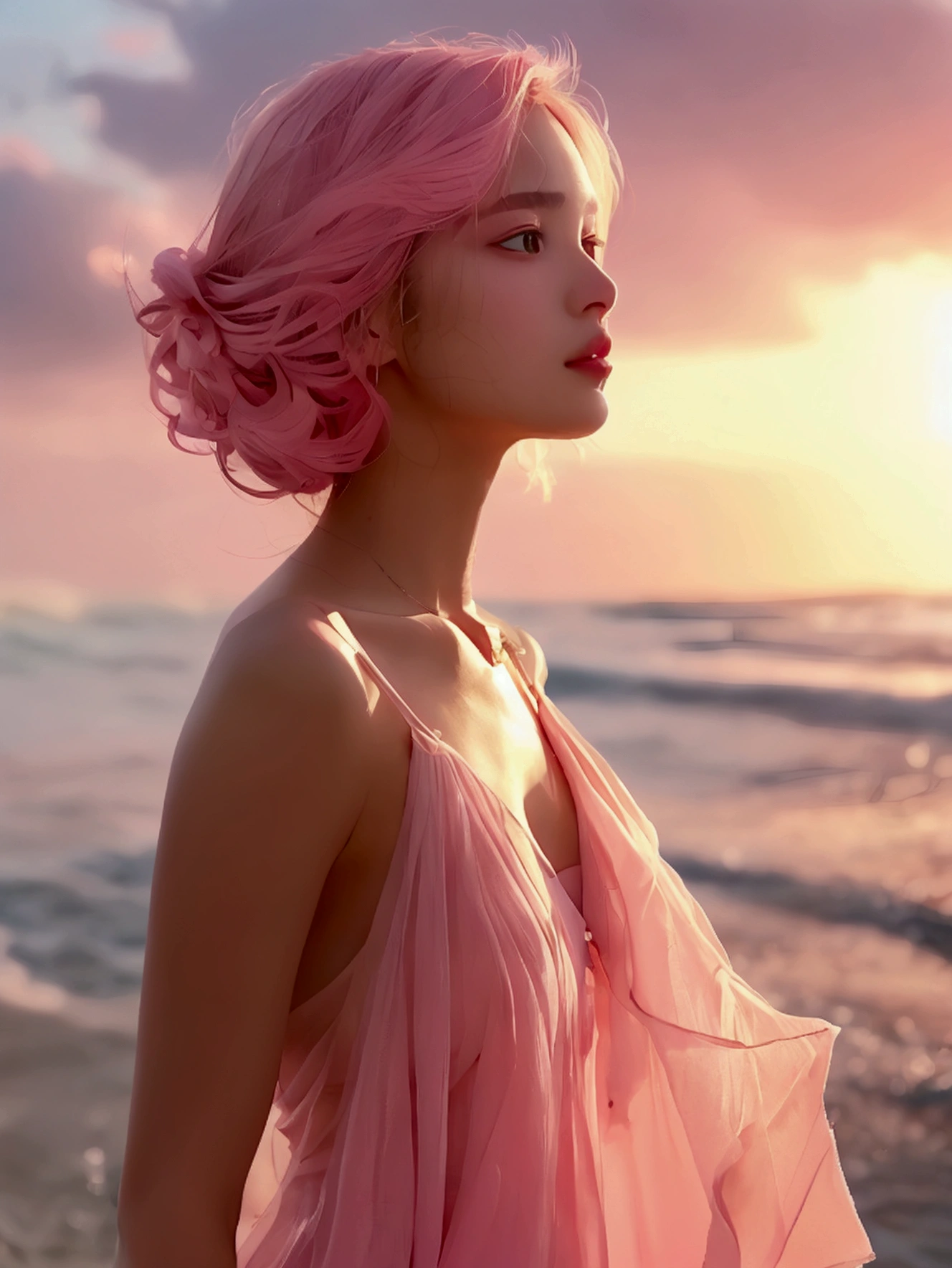 "Capture a high-definition close-up of an elegant woman standing on a serene beach, bathed in soft sunlight. She is wearing a chic pastel pink summer dress that drapes gracefully, complementing her delicate pink skin tone. Her short, flowing pink hair glistens with ethereal, subtle pink flames, creating a striking contrast with her serene surroundings. Her soft, pastel makeup beautifully highlights her refined features. The entire image is suffused with a harmonious pink hue, blending realism and dreamlike artistry. The beach serves as a blurred backdrop, allowing the focus to remain on her, evoking a sense of tranquility and beauty."