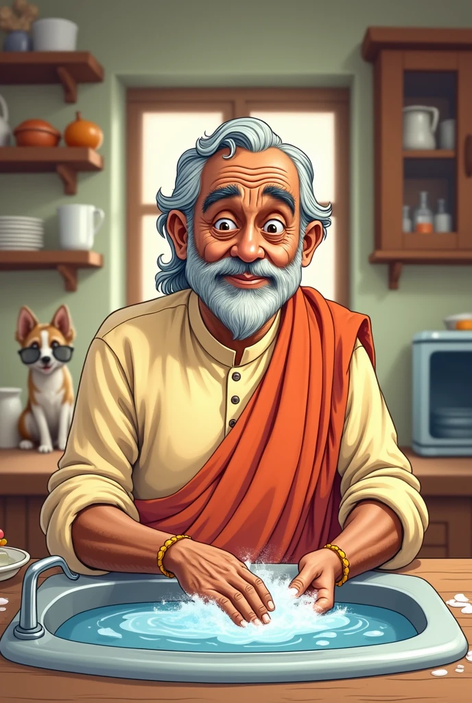 Indian dad cartoon washing utensils