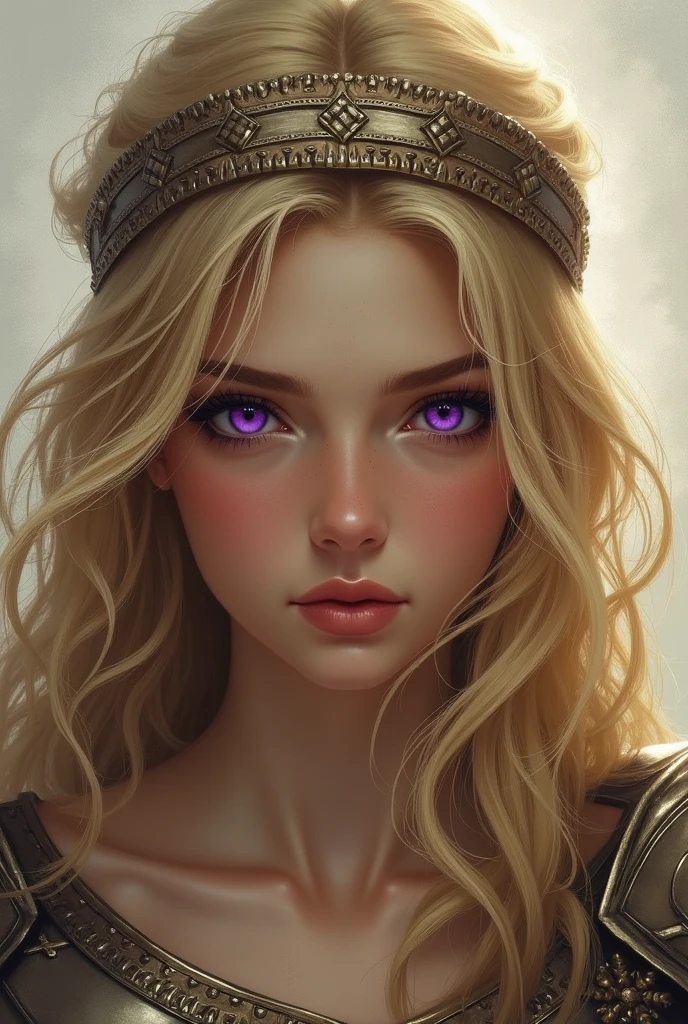 A Greek woman with golden hair with a fringe across her face, purple almond-shaped eyes with armor in the middle with a charming look showing on her face her shy but skilled and powerful personality