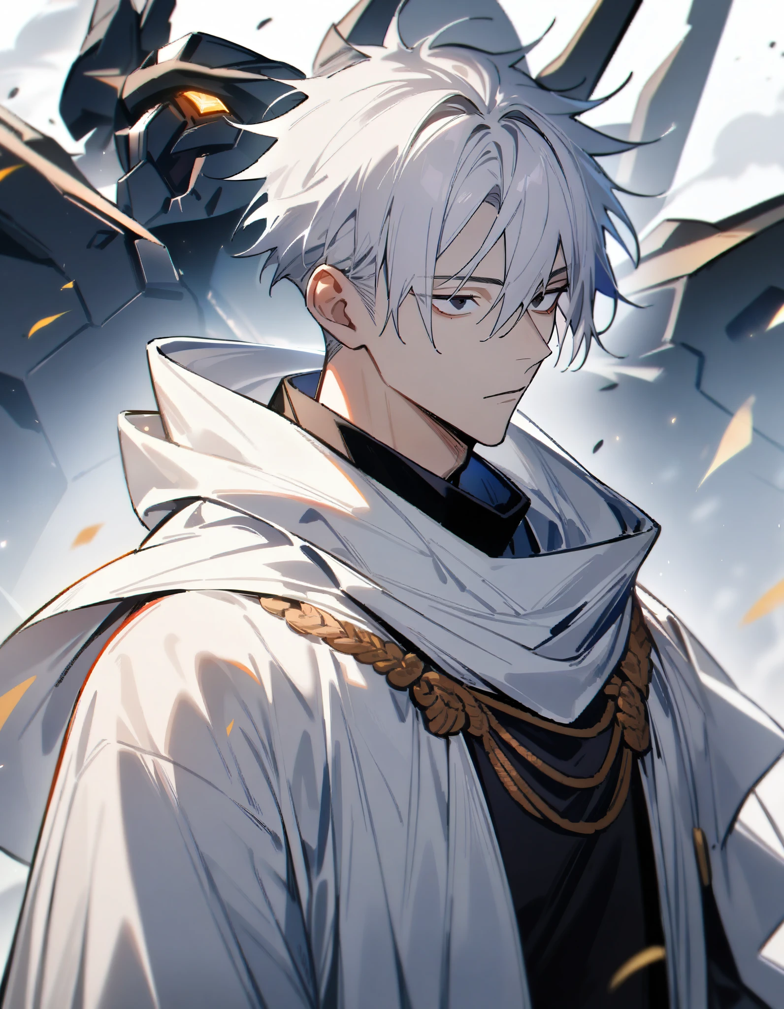(1boy,jujutsu kaisen) solo, mecha, white hair, (layered cut), black bright eyes, masterpiece, best quality, high quality, upper body, male focus, white robes,
