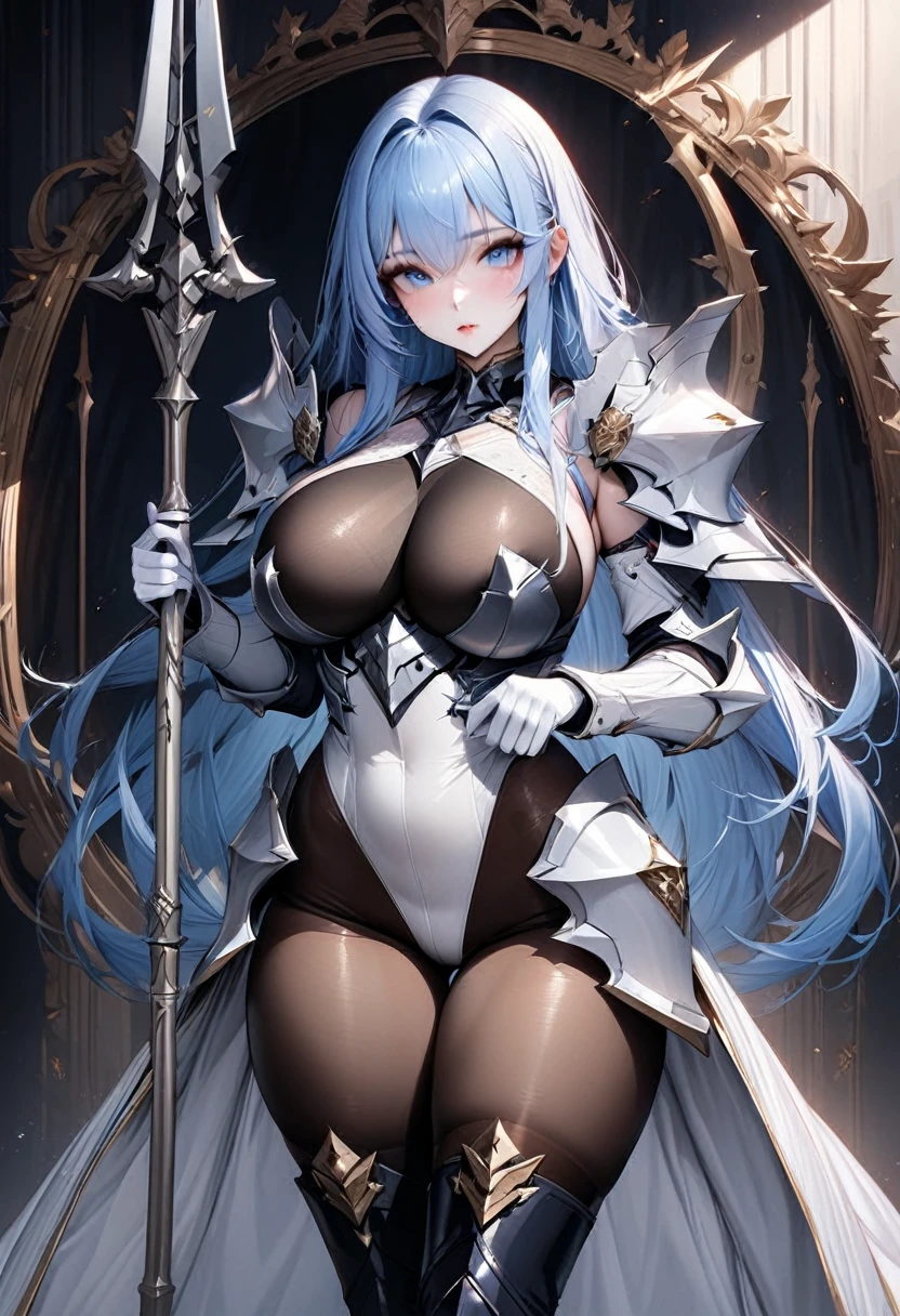 ((highest quality)), ((masterpiece)), ((hyperrealistic)), (solo), 1girl, ((curvy)), ((Tight and digging into the skin: 1.2)), perfect face, ((Azur Lane)), ((armored dress)), ((white paladin armor)), ((skin-tight pantyhose leotard: 1.4)), ((white knight armor breastplate)), ((skin-tight black Investigator Bodystocking)), ((large pauldron)), (white long gauntlet gloves), ((light blue hair straight long hair)), ((Squeezing large breasts)), (pantyhose thighs), ((Knee-high boots on the white tight skin that digs into it)), (high heel boots), ((see through cleavage cutout)), zettai ryouiki, beautiful blue eyes, Perfect hands, perfect fingers, luxurious goldsmith two handed spear, holding a two handed spear, prepare a two handed spear, makeup,