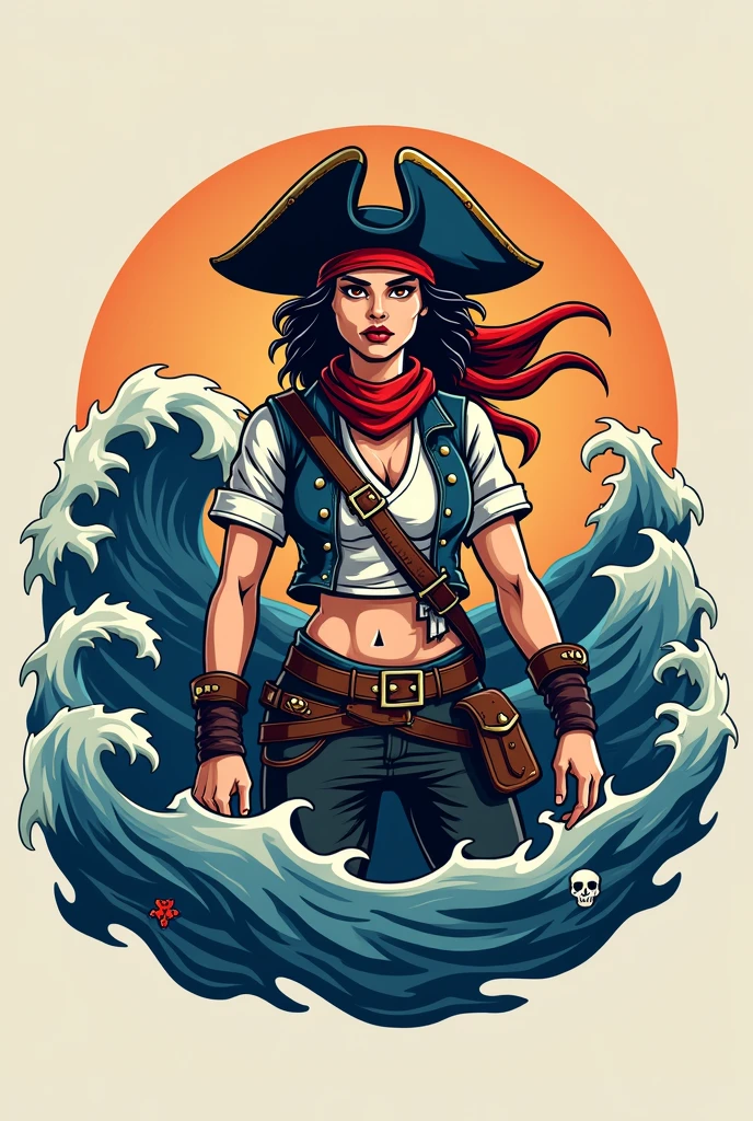 line art drawing ((beautiful pirate woman)),wearing pirate outfit, drinking a bottle of rum, (looking over a village from a hill), ships in the distant ocean, visible fangs, masterpiece, best quality, (((sketch doodle))) . professional, sleek, modern, minimalist, graphic, line art, vector graphics