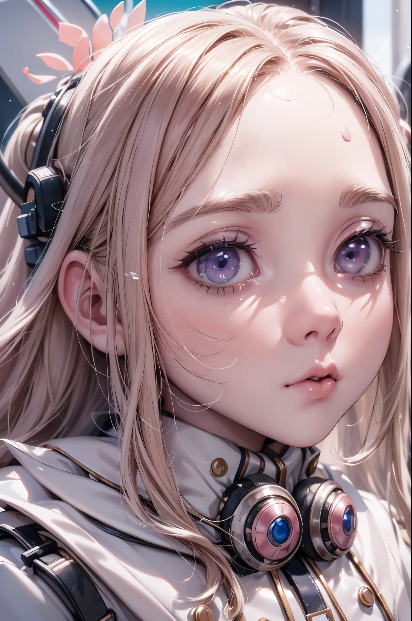 White female humanoid robot、Ｍ3GEN、Half-body photo、Attractive round face、double eyelid、Bright peach blossom eyes、Pink Lips、Small Nose、Concentrated face、Expressionless、Face close-up、Ultra-high resolution、Super detailed、Dirty clothes、A large amount of blood、scared、The cracked face reveals the machinery within.。