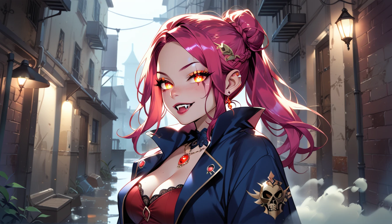 ((a female vampire's pair of glowing eyes shines)) close up picture, the fog hides the face, you see only the glowing eyes , you see only the pair of eyes, fantasy dark alley background, the fog fills the alley, you see only the glowing eyes