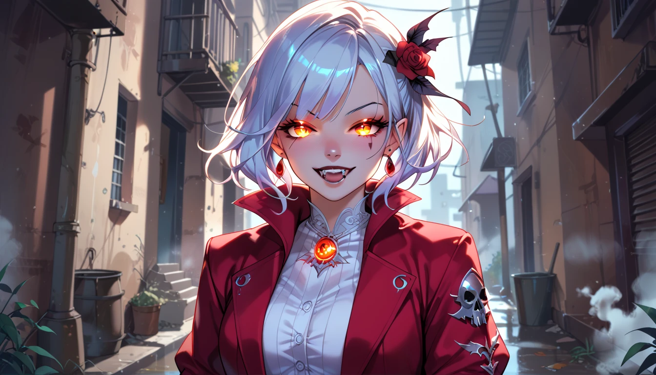 ((a female vampire's pair of glowing eyes shines)) close up picture, the fog hides the face, you see only the glowing eyes , you see only the pair of eyes, fantasy dark alley background, the fog fills the alley, you see only the glowing eyes 