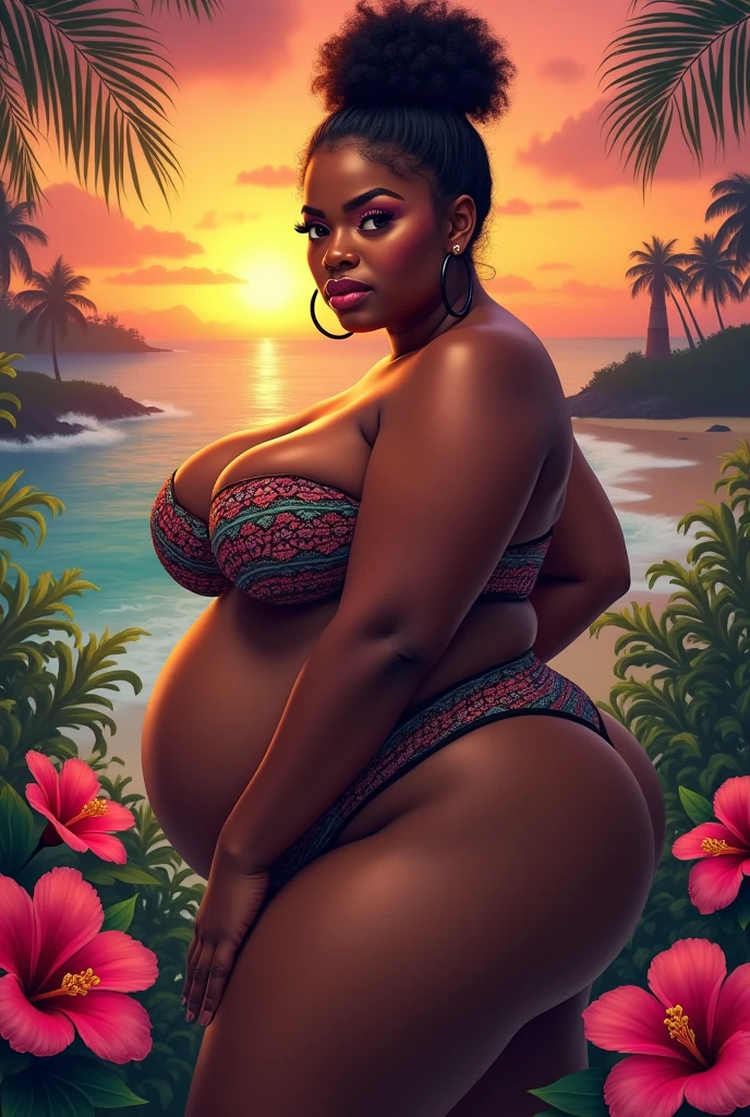 Papua New Guinean mum, Plus size woman, nsfw, wonderland background, colorful sunset, beach and lighthouse backdrop, tropical hibiscus flowers in foreground, Curly hair, ((hair tied in bun)), chubby, fully nude, chocolate dark skin, huge XXL breasts, biggest boobs, cleavage, black nipples, wide hips, huge ass, big booty, sexy legs, detailed face, full body view, head to toes, facing camera, HD Photo, Photorealistic, 2k Ultra HD