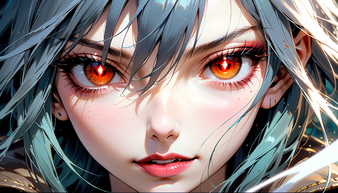((a female vampire's pair of glowing eyes shines)) close up picture, the fog hides the face, you see only the glowing eyes , you see only the pair of eyes, fantasy dark alley background, the fog fills the alley, you see only the glowing eyes