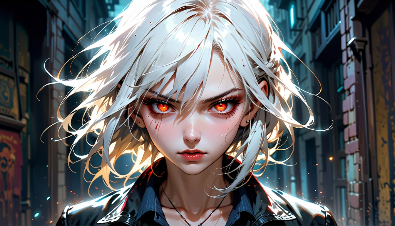 ((a female vampire's pair of glowing eyes shines)) close up picture, the fog hides the face, you see only the glowing eyes , you see only the pair of eyes, fantasy dark alley background, the fog fills the alley, you see only the glowing eyes 