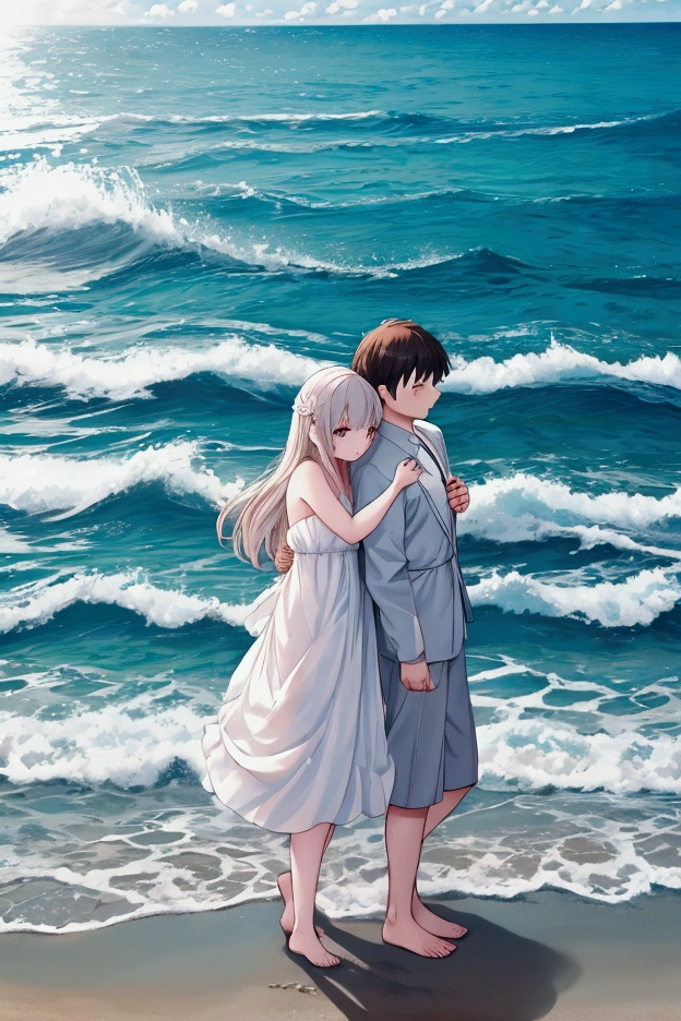 A woman and a man are standing in the water on the beach.。, People on the beach々, Above seawater, Standing on the surface of the water, In the sea, At the beach, Photo 1 5mm, 15081959 21121991 01012000 4k, in the sea
