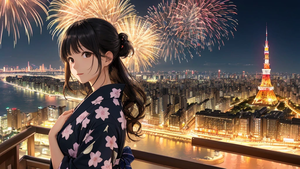 Shiraishi Mei, Looks exactly like Shiraishi Mei、solo、Chignon hairstyle、Time is night、Tokyo Tower in the background、Big fireworks、Oceanの方を向いている後ろ姿、Woman looking up at the sky ,Long Hair,  Black Hair,, Photo from the side, Realistic, Highest quality, Detailed face, , Ocean, Embankment, Detailed Background,, Written boundary depth, Bokeh (Highest quality: 1.2), (masterpiece: 1.2), Watch Viewer, yukata ,Vision、(((Panorama:1.2)))