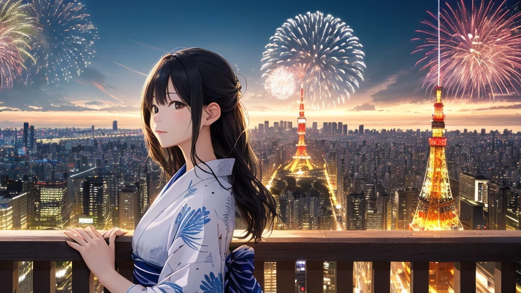 Shiraishi Mei, Looks exactly like Shiraishi Mei、solo、Chignon hairstyle、Time is night、Tokyo Tower in the background、Big fireworks、Oceanの方を向いている後ろ姿、Woman looking up at the sky ,Long Hair,  Black Hair,, Photo from the side, Realistic, Highest quality, Detailed face, , Ocean, Embankment, Detailed Background,, Written boundary depth, Bokeh (Highest quality: 1.2), (masterpiece: 1.2), Watch Viewer, yukata ,Vision、(((Panorama:1.2)))