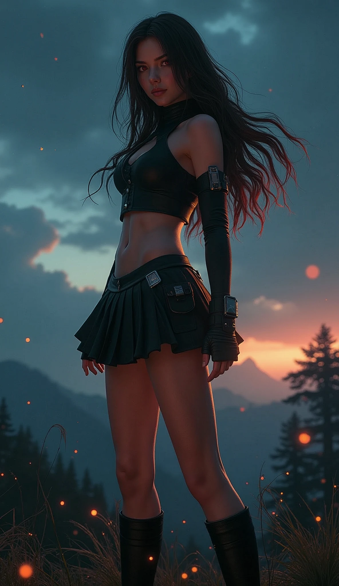 tifa lockhart, wallpaper, landscape, depth of field, ht, light particles, light rays, side lighting, thighs, skirt, red eyes, brown hair, thigh high socks, arm sleeves
