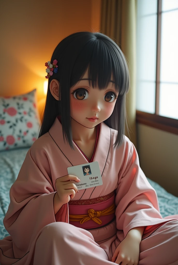 A photo of a woman on a futon in a narrow hotel room。A beautiful, slim-looking high school girl wearing off-shoulder YUKATA, with big eyes, is crying as she shows her student ID 15AGE card.。A grinning fat man puts his hands inside his girlfriend's yukata from behind and rubs her breasts