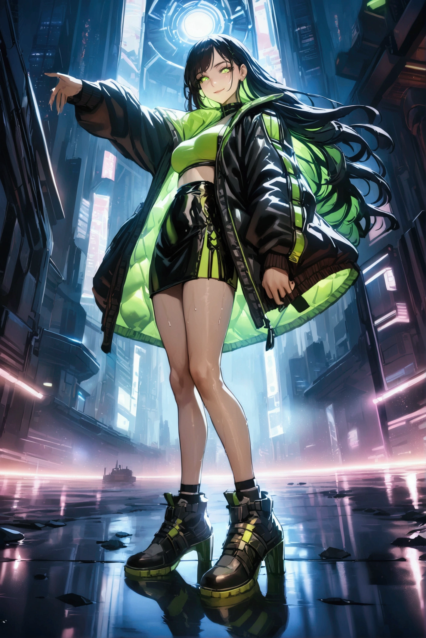 Best quality, masterpiece, absurdres, ultra realistic,middle angle shot, foggy, night time, outdoor,solo, beautiful mature woman wearing a stylish green-black translucent cyberpunk jacket and black sexy skirt, cyberpunk shoes, cool, egdy, beautiful long hair, glowing eyes, cute smile, swirling lights around the charatcters, reflections,hyper detailed character, intricate, wet, unity wallpaper, unreal engine, award winning, cinematic, amazing pose, dynamic scene, anime