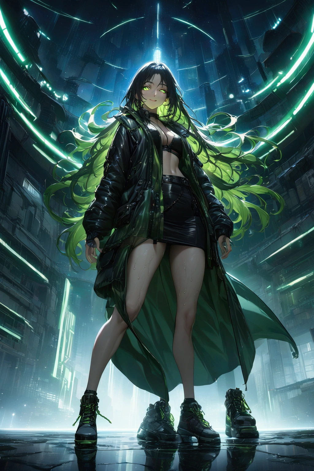 Best quality, masterpiece, absurdres, ultra realistic,middle angle shot, foggy, night time, outdoor,solo, beautiful mature woman wearing a stylish green-black translucent cyberpunk jacket and black sexy skirt, cyberpunk shoes, cool, egdy, beautiful long hair, glowing eyes, cute smile, swirling lights around the charatcters, reflections,hyper detailed character, intricate, wet, unity wallpaper, unreal engine, award winning, cinematic, amazing pose, dynamic scene, anime