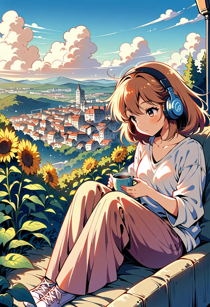 (masterpieces), (best quality), (ultra_detailed), more_details:1.5, perfect, AddNet Weight 1:1.0, Boldline,Weight 1:1.0, masterpiece, best quality, high res, alone, lofi girl, lofi artstyle, lofi art, city, town, Anime Girl, woman sitting on a couch with headphones on and holding a cup, listening to music, listening to godly music, listening to music at 2 am, vibing to music, with headphones, relaxing mood, early morning mood, high quality stock picture, photograph taken in 2 0 2 0, with head phones, girl wearing headphones, the girl on a windowsill, Better hand, better finger, extreme fisheye lens, heterochromia, multicolored eyes, split-color hair, Soft hair, flower, outdoors, sky, day, cloud, tree, blue sky, grass, plant, nature, scenery, stairs, sunflower