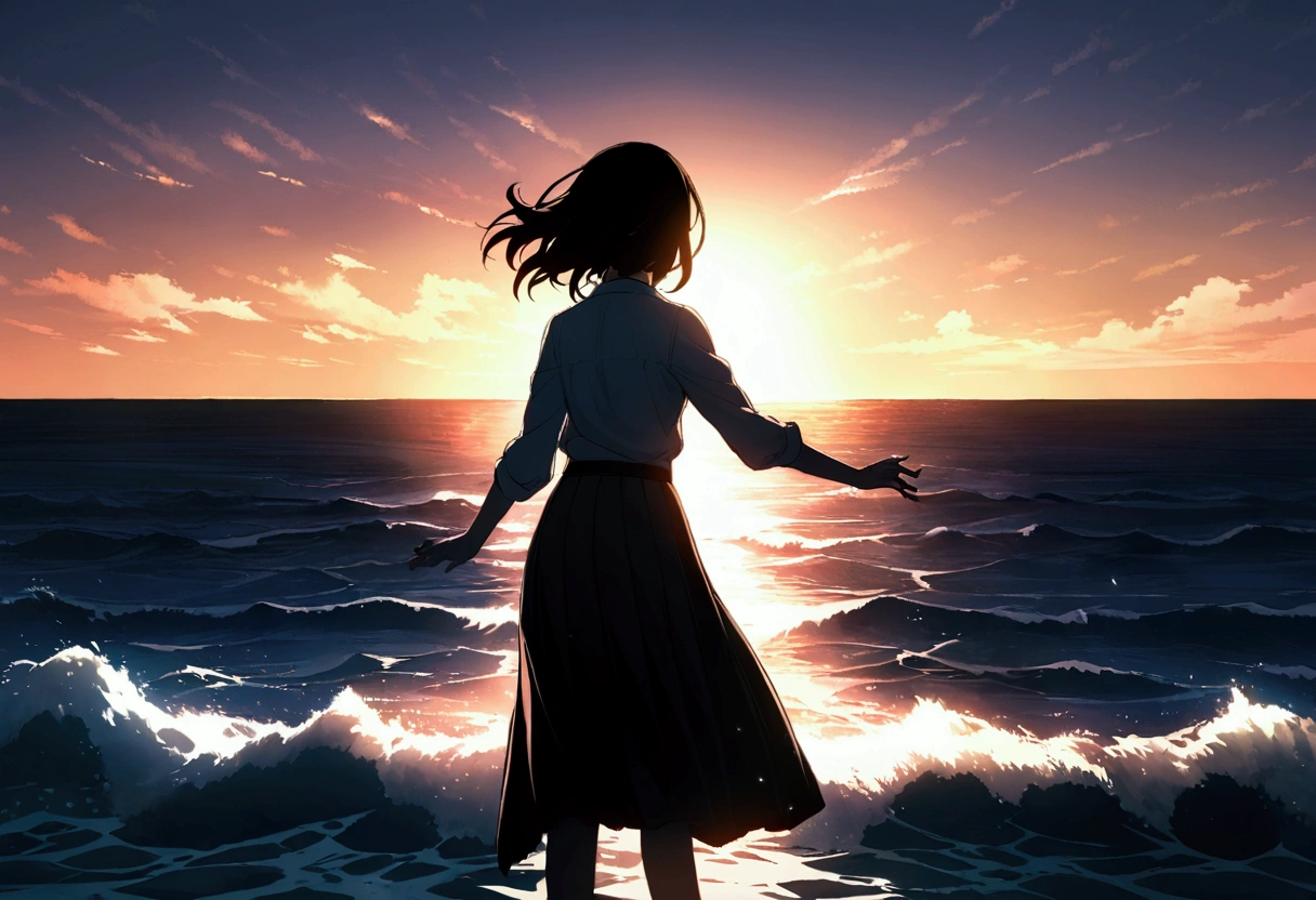 Highly detailed CG Unity 8k wallpaper), coastal,Beautiful young woman in sunny weather, Shouting towards the sea、Back view,skirt, stand、full_body, dramatic, バックLight, Light, Volumetric Lighting, Simple Background、sunset、horizontal line、