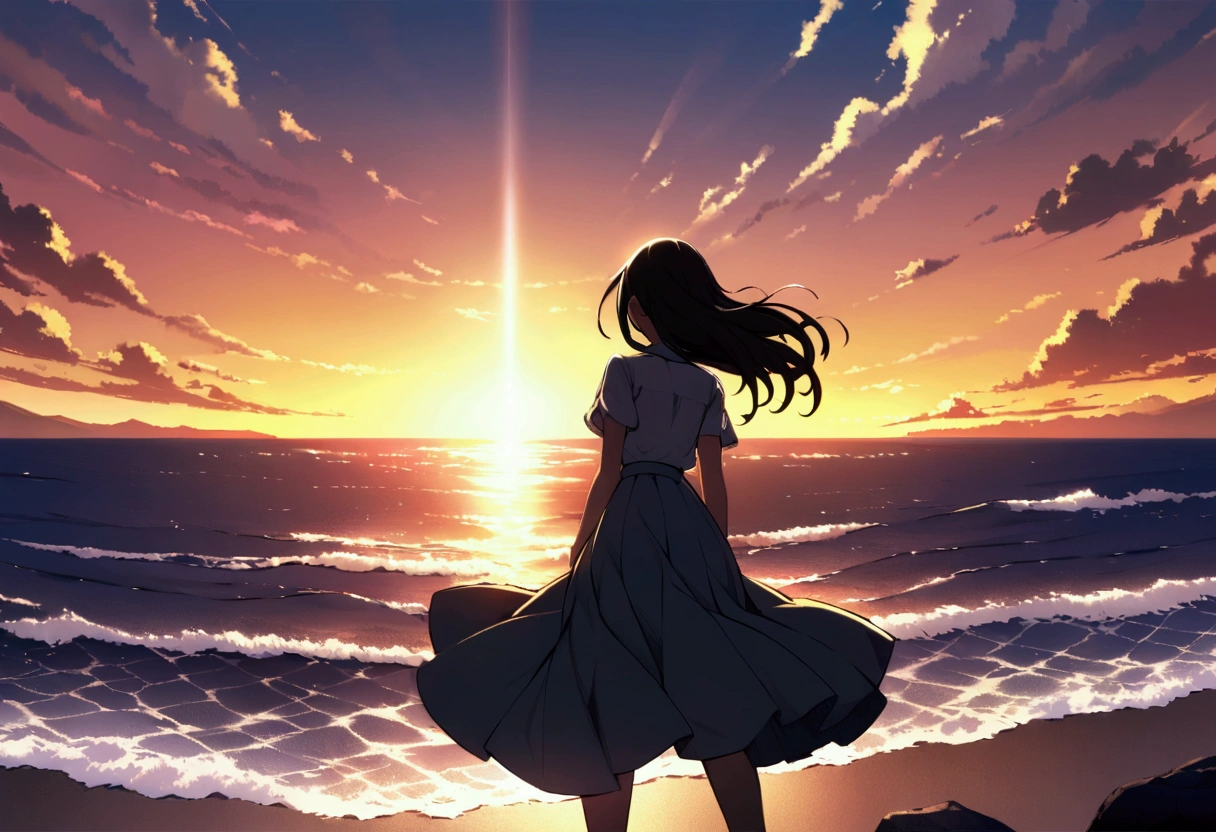 Highly detailed CG Unity 8k wallpaper), coastal,Beautiful young woman in sunny weather, Shouting towards the sea、Back view,skirt, stand、full_body, dramatic, バックLight, Light, Volumetric Lighting, Simple Background、sunset、horizontal line、