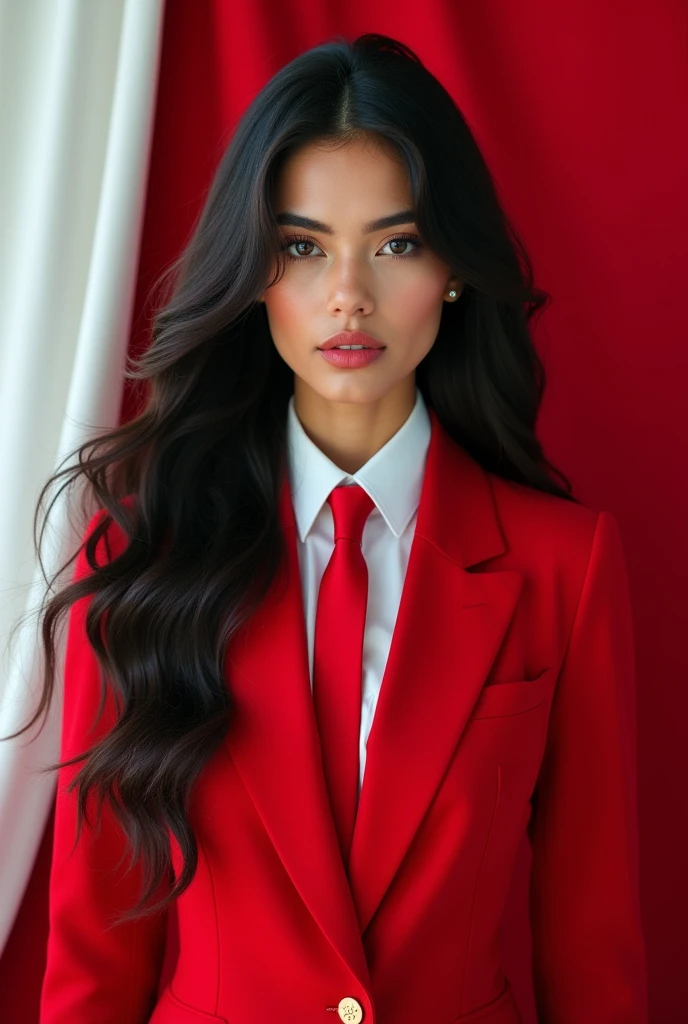 Portrait, Beauty Woman, Focus Camera, Black Hair, Long Hair, Earring, Shirt White, Blazer Red, Tie Red, model editorial poses, red and white cloth background