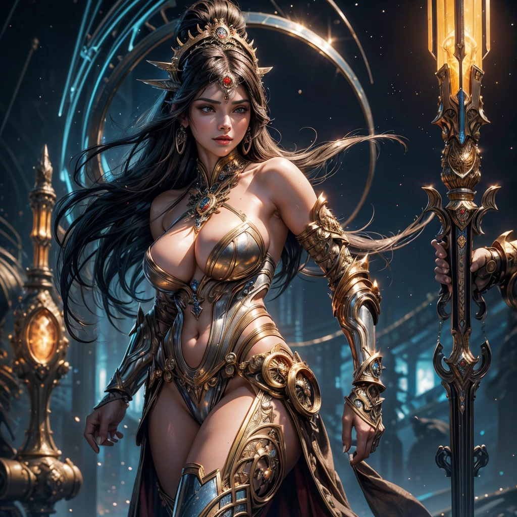 ((40k)),((Ultra Realistic))((Photo Realistic)),((HDR)),((Intricately Detailed Portrait)), ((High Quality)) ((Unreal Engine 5))((Natural Lighting))((Golden  Ratio))

(( INDIAN WOMAN)). . Slender hourglass Body. Massive Boobs and Breast. Deep cleavage. Orgasmic Face. Sharp Jawline. Enchanting Eyes. Supple Lips . Makeup. Perfectly Toned Body, Brunette. Sophisticated Hairstyles. Wet Body. Gracious Looks . Cute Smile. 

Silver and sapphire Angel Decorated Cybernatic Slit Biomechanical Mini Outfit. Sci-Fi.  Gorgeous War Goddess Aura. . Mechanical Sword . Terminators. Elaborate Headgear

Nonchalantly Posing. Dynamic Views. Dynamic Angles. Dynamic poses. Glaring at Camera. Accentuated Curves. Arched Pose. Sophisticated Hairstyles. Bokeh. 

Zoomed in. Close Up View. . Orgasmic Face. Pleasurable Face. Ultra Wide Angle Lens 

Glowing energy by alphonse mucha 
Sophisticated Diablo Art 
Brightly Illuminated 
Beautiful Mechanical City Landscape