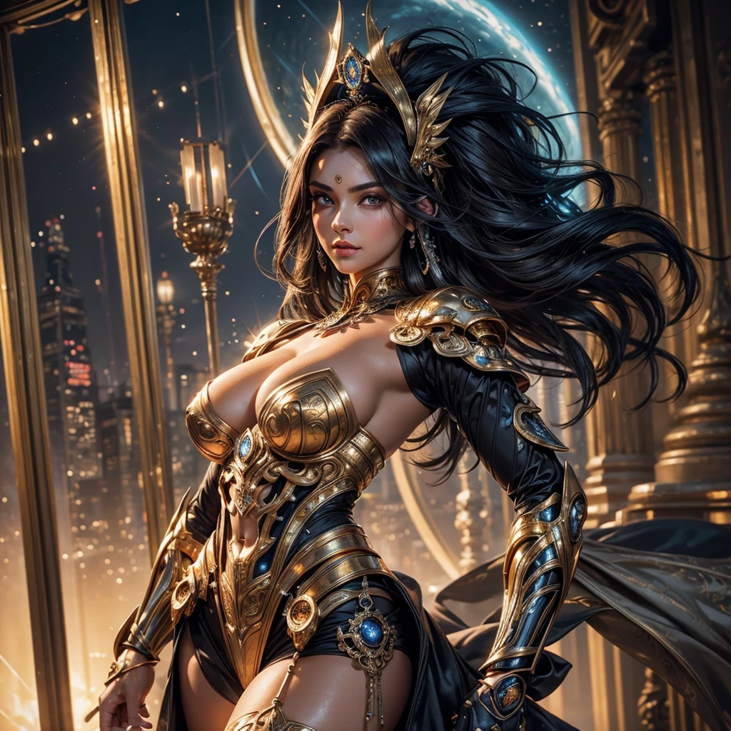 ((40k)),((Ultra Realistic))((Photo Realistic)),((HDR)),((Intricately Detailed Portrait)), ((High Quality)) ((Unreal Engine 5))((Natural Lighting))((Golden  Ratio))

(( INDIAN WOMAN)). . Slender hourglass Body. Massive Boobs and Breast. Deep cleavage. Orgasmic Face. Sharp Jawline. Enchanting Eyes. Supple Lips . Makeup. Perfectly Toned Body, Brunette. Sophisticated Hairstyles. Wet Body. Gracious Looks . Cute Smile. 

Silver and sapphire Angel Decorated Cybernatic Slit Biomechanical Mini Outfit. Sci-Fi.  Gorgeous War Goddess Aura. . Mechanical Sword . Terminators. Elaborate Headgear

Nonchalantly Posing. Dynamic Views. Dynamic Angles. Dynamic poses. Glaring at Camera. Accentuated Curves. Arched Pose. Sophisticated Hairstyles. Bokeh. 

Zoomed in. Close Up View. . Orgasmic Face. Pleasurable Face. Ultra Wide Angle Lens 

Glowing energy by alphonse mucha 
Sophisticated Diablo Art 
Brightly Illuminated 
Beautiful Mechanical City Landscape