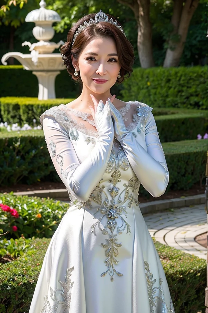 ((Masterpiece)), ((Best Quality)), A middle-aged short-hair woman, ((She is wearing an ornamental silver wedding dress)), She is wearing gloves on her hands., outdoor, She is in a garden.