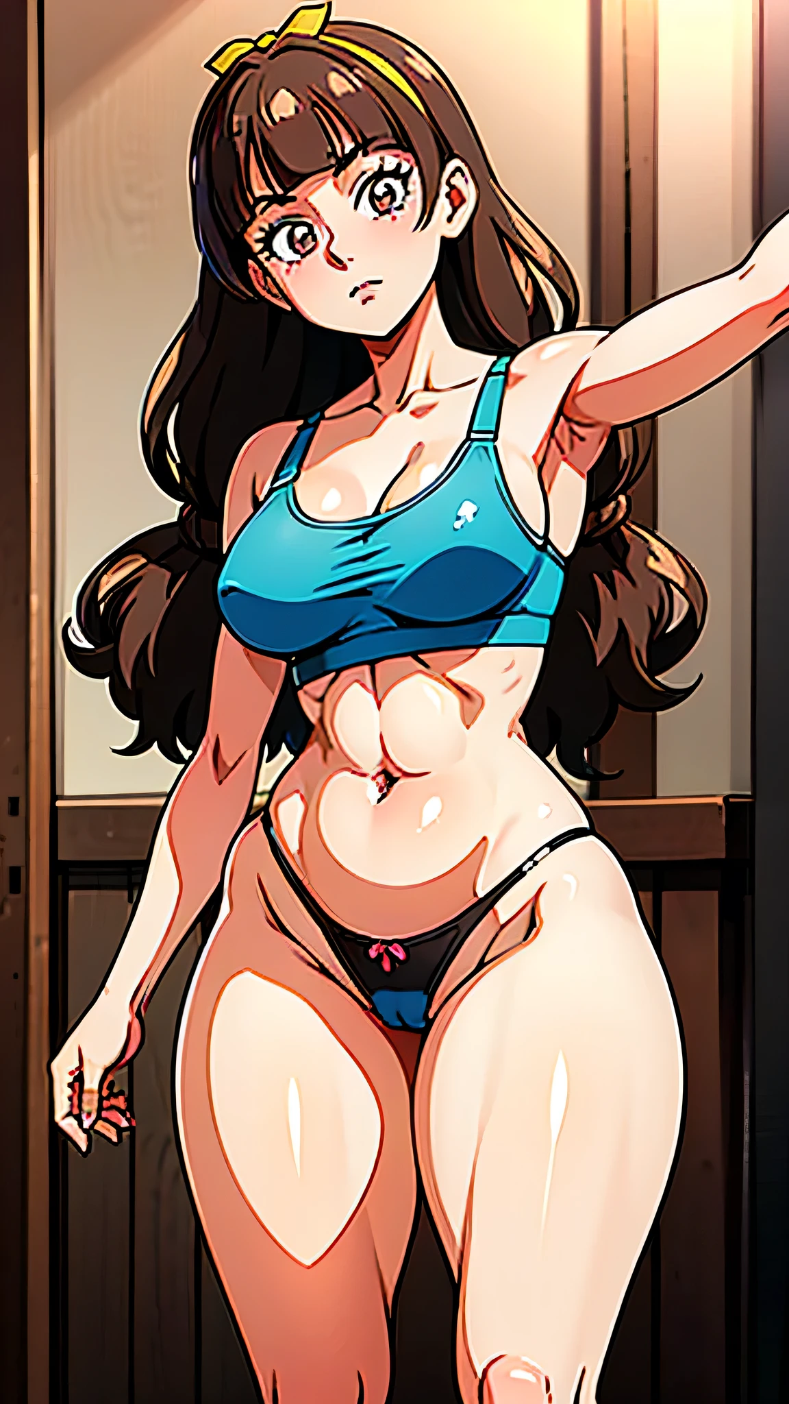1 girl, (solo), ((amanogawaki)), best quality, highres, high quality, 8k, HD, super detail, anatomically correct, UHD, accurate, (masterpiece:1.2), (high quality:1.0), (ultra detailed), (Adult:1.2), (confident pose), highleg panties, wearing highleg panties, Belly Button, Sports Bra, (Thick Hips:1.2), (Thick Thighs), Thick, (close up:0.9)