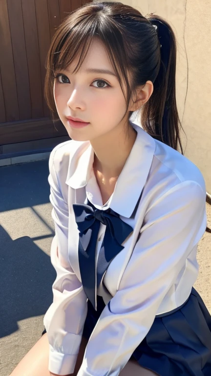 8k resolution, masterpiece, Ultra-high resolution, Very detailed,Sit with your legs spread and knees bent.,ponytail,Black Ribbon,hair ornaments,Starry Sky,Disneyland,
Realistic, Very delicate and beautiful,14 Talents, Detailed skin,uniform,blazer,Pink blouse,,Beautiful realistic face, Detailed face, A photo of an attractive Japanese woman, The best light, Model shooting style,White-brown hair, Asymmetrical hair, Asymmetrical bangs, Messy Hair, Elegant pose, Perfect female body, Perfect and delicate limbs, Perfect body,(View your viewers:1.1), (From below:1.2),