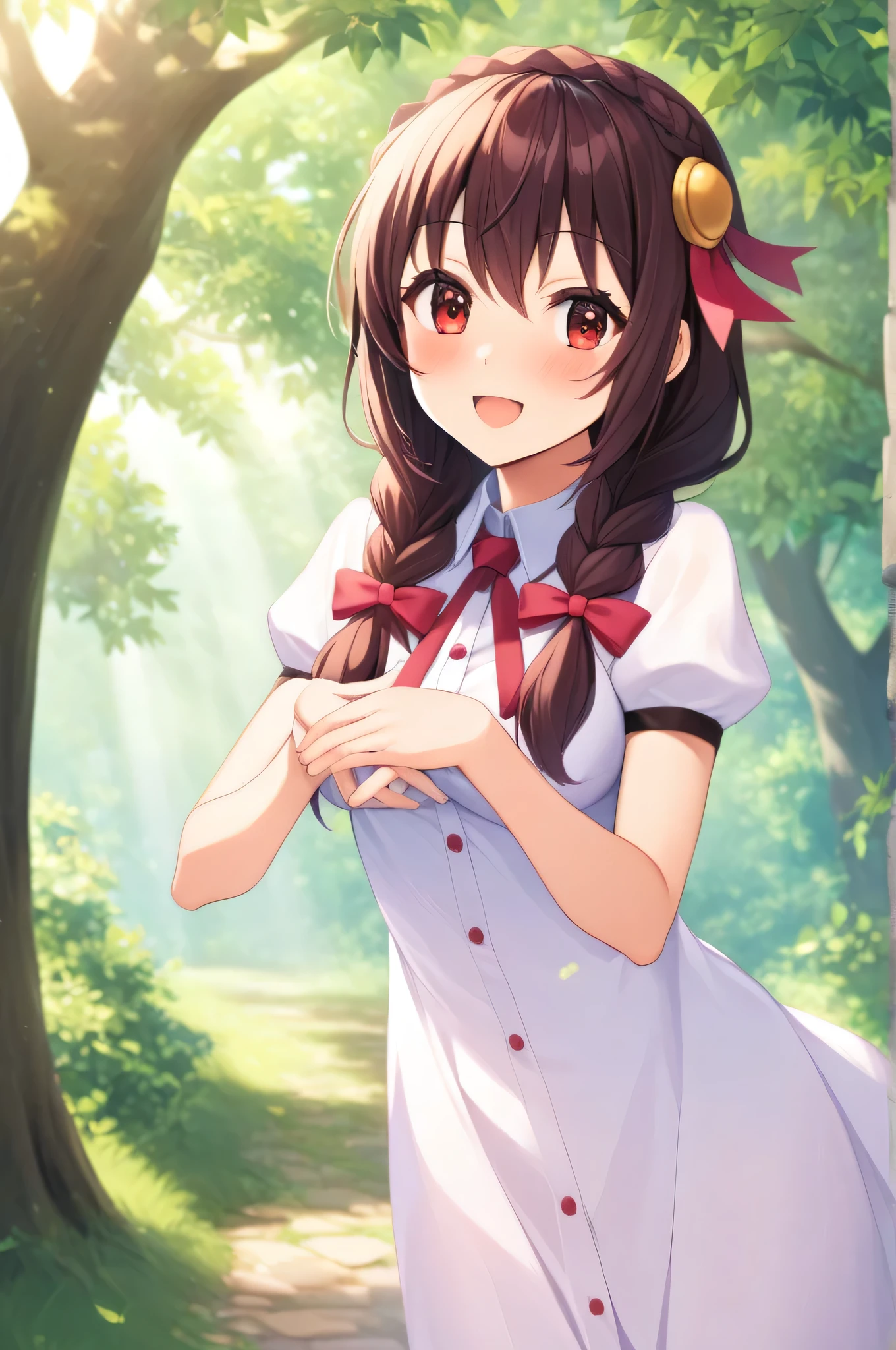 alone, One person, Yunyun, ♥、 (blush:1.5)、Crown braids of the same color as your hair、hair ornaments, Hair Ribbon, Pink tie, White dress, picnic、heart、♥、Sunlight filtering through the trees、I'm tilting my head.、smile