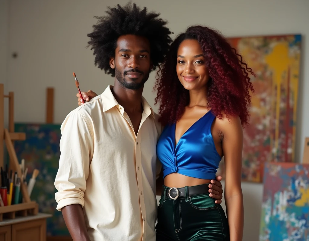 Attractive French-Nubian man with curly hair and dark skin, wearing a relaxed cream shirt and complementary pants, holding a paintbrush, standing next to a young woman who reaches his neck in a paint studio. The man has a kind expression; the woman has a soft smile, vibrant maroon layered wavy chest-length hair, wearing a sapphire blue silk top, black velvet shorts with a green sheen, a thick black belt, and red wedge sandals.