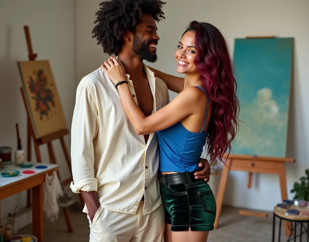 Attractive French-Nubian man with curly hair and dark skin, wearing a relaxed cream shirt and complementary pants, holding a paintbrush, standing next to a young woman who reaches his neck in a paint studio. The man has a kind expression; the woman has a soft smile, vibrant maroon layered wavy chest-length hair, wearing a sapphire blue silk top, black velvet shorts with a green sheen, a thick black belt, and red wedge sandals.