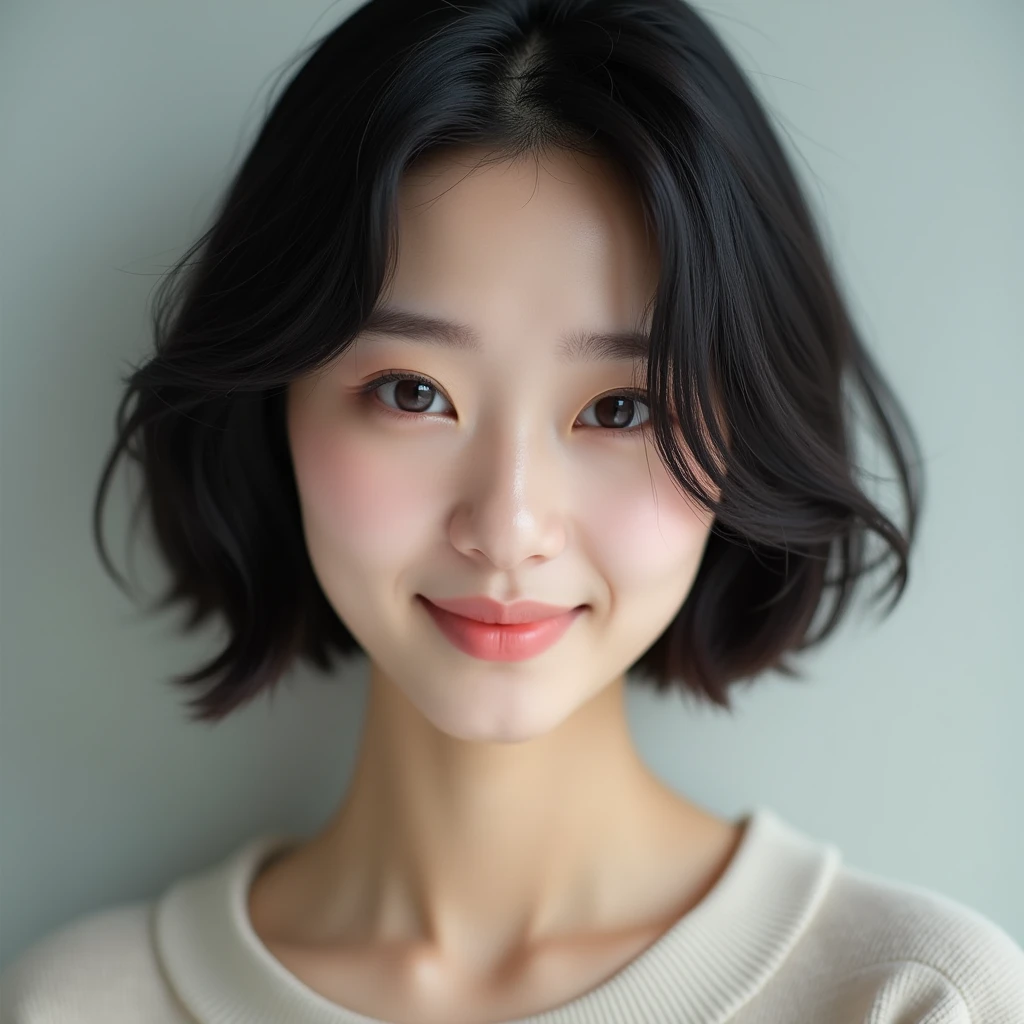 Close up portrait of woman with short black hairstyle, With short hair, Beautiful young Korean woman, Gorgeous young Korean woman, beautiful Korean women, Korean Girl, Young adorable Korean face, Korean Woman, black hime-cut hair, Portrait of female Korean idol, Beautiful Asian Girl, with a bob cut, Beautiful Asian Woman, young cute wan asian face, Korean face features full body front Standing with your legs apart