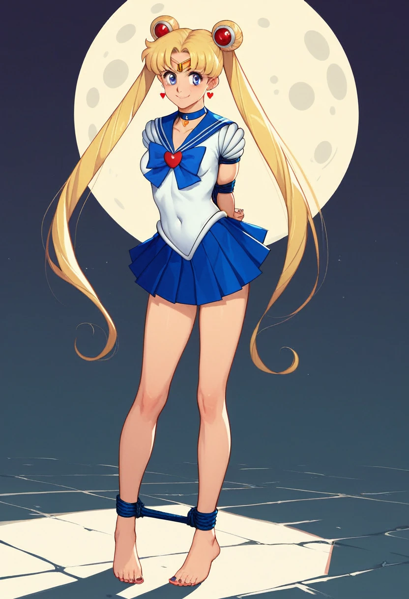 masterpiece, best quality, absurdres, perfect antomy, 1girl, solo, SMMoon, 1990s \(style\), blonde sailor moon, standing, smile, cowboy shot, sailor senshi uniform, sailor collar, blue skirt, ultra mini skirt, ( FULL BODY),(((,barefoot))), 5 toes, black toe nails, Focus full body, tied ankles together, tied arms, solo, on dungeon, sit on a chair 