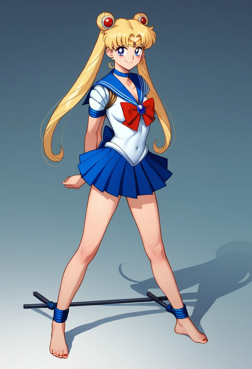 masterpiece, best quality, absurdres, perfect antomy, 1girl, solo, SMMoon, 1990s \(style\), blonde sailor moon, standing, smile, cowboy shot, sailor senshi uniform, sailor collar, blue skirt, ultra mini skirt, ( FULL BODY),(((,barefoot))), 5 toes, black toe nails, Focus full body, tied ankles together, tied arms, solo, on dungeon, sit on a chair