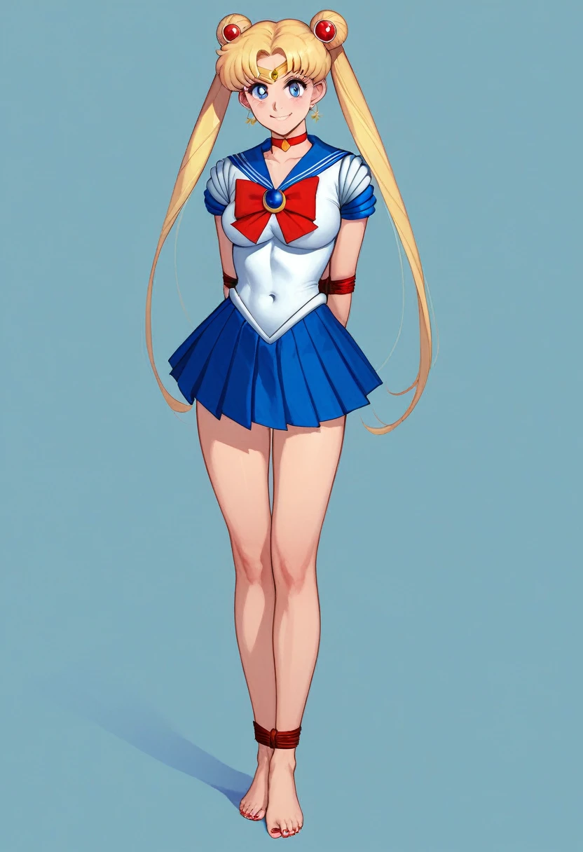 masterpiece, best quality, absurdres, perfect antomy, 1girl, solo, SMMoon, 1990s \(style\), blonde sailor moon, standing, smile, cowboy shot, sailor senshi uniform, sailor collar, blue skirt, ultra mini skirt, ( FULL BODY),(((,barefoot))), 5 toes, black toe nails, Focus full body, tied ankles together, tied arms, solo, on dungeon, sit on a chair 