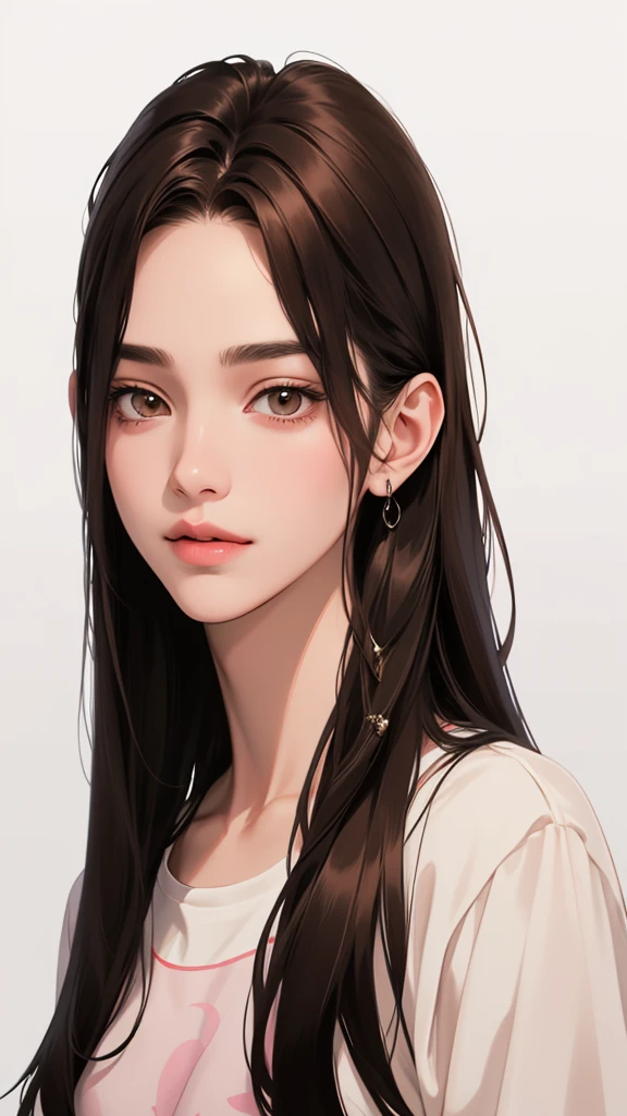 Girl, long straight brown hair, brown eyes, sharp features, white skin, pink lips, beautiful, high school clothes,ผมสีดำ, พื้นหลังเรียบง่าย, ยิ้ม, มองตรงข้างหน้า