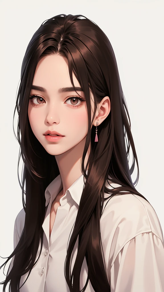 Girl, long straight brown hair, brown eyes, sharp features, white skin, pink lips, beautiful, high school clothes,ผมสีดำ, พื้นหลังเรียบง่าย, ยิ้ม, มองตรงข้างหน้า