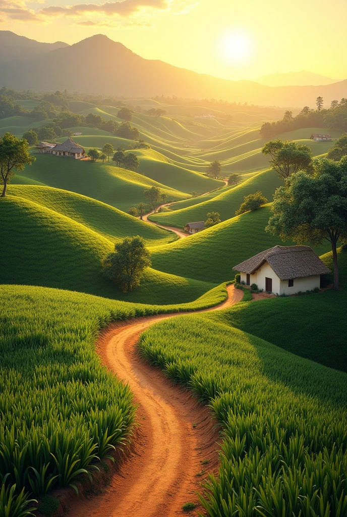 A countryside landscape in Paraguay in the morning where you can see crops and hills, paths and houses
