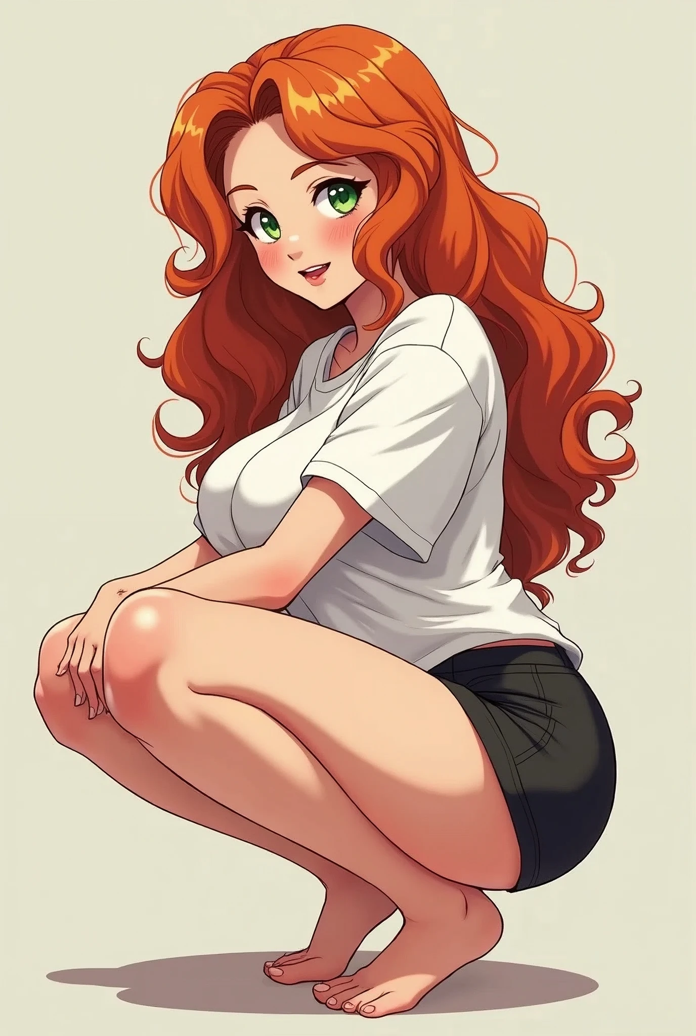 A young woman, with long curly orangeish red hair, green eyes, pale skin, and lots of freckles, massive and plump breasts, thick thighs, a plump and perfectly rounded ass, and I slim waist, wearing a oversized white T-shirt, black short shorts, anime style, cute, ahegao face, squatting with her legs spread 