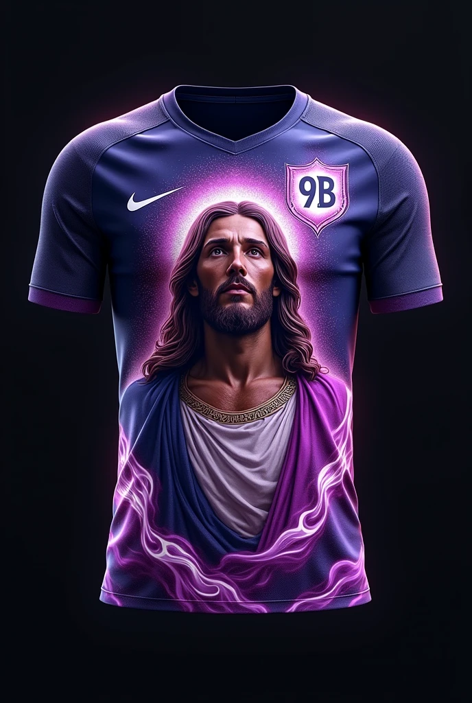 Make a soccer jersey ,On the left side is printed Nike and on the right side a shield written 9B on a hanger with a black background, with a Nike printed design
And Jesus well detailed with purple flames detailed with black and many more phoenix things well detailed and realistic very realistic