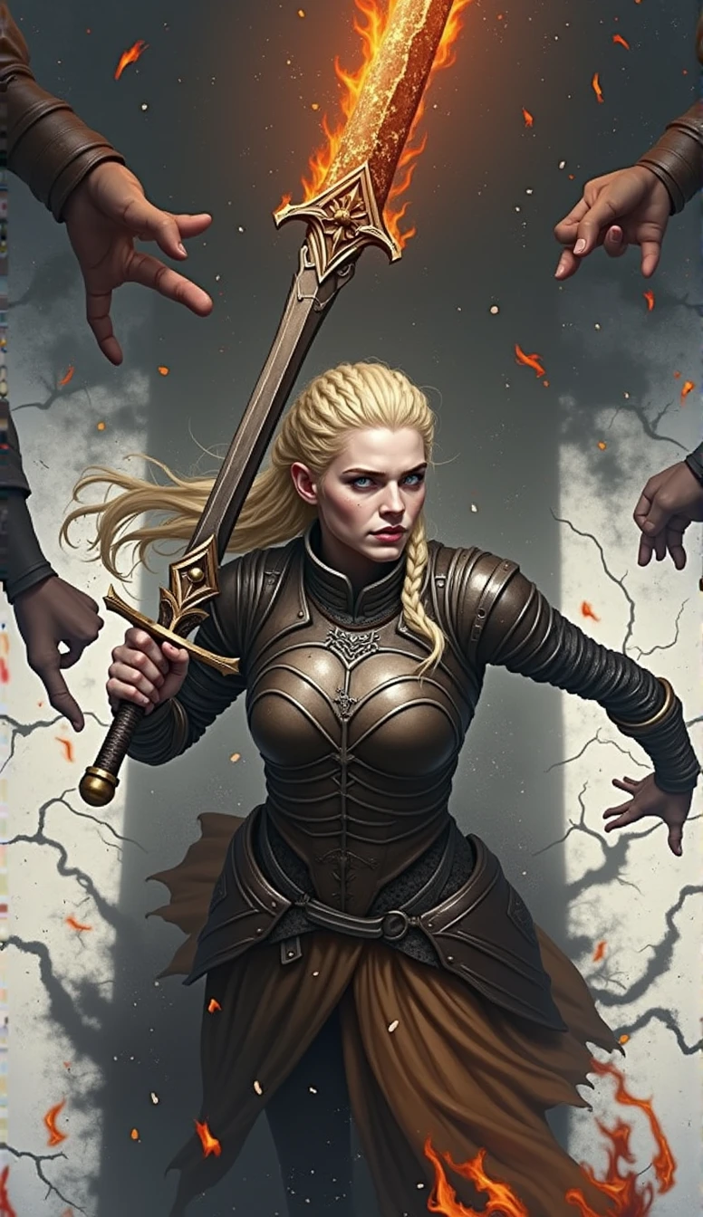 black fantasy, fierce atmosphere, blonde warrior, braided hair, pale skin, leather armour, fire sword wielded in one hand in the midst of an intense battle, fighting through flames and shadows, her sword cutting through the darkness, flames licking at her armor, but she remains unharmed, the ground is melted and cracked, shadowy figures trying to drag her down, but she stands strong, dynamic action photo with fire elements
