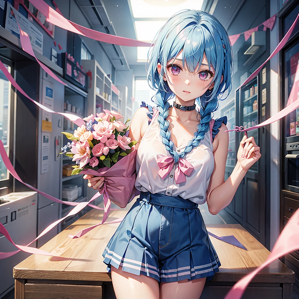 (Sky blue hair),(Braided Short Hair), (Pink Eyes),Fair skin) ,(whole body),(one person's),(Embarrassing),(The background is a school classroom,blackboard),(Heart-shaped chocolate),(I will pass it forward with both hands.),(Sailor suit),(Valentine's Day),(masterpiece, 最high quality, Very detailed, Best Shadow), (Detailed Background), (Beautifully detailed face), High Contrast, (Best lighting, Very delicate and beautiful), ((Cinematic Light)), Hyper Detail,8k, Dramatic Light, Intricate details,high quality