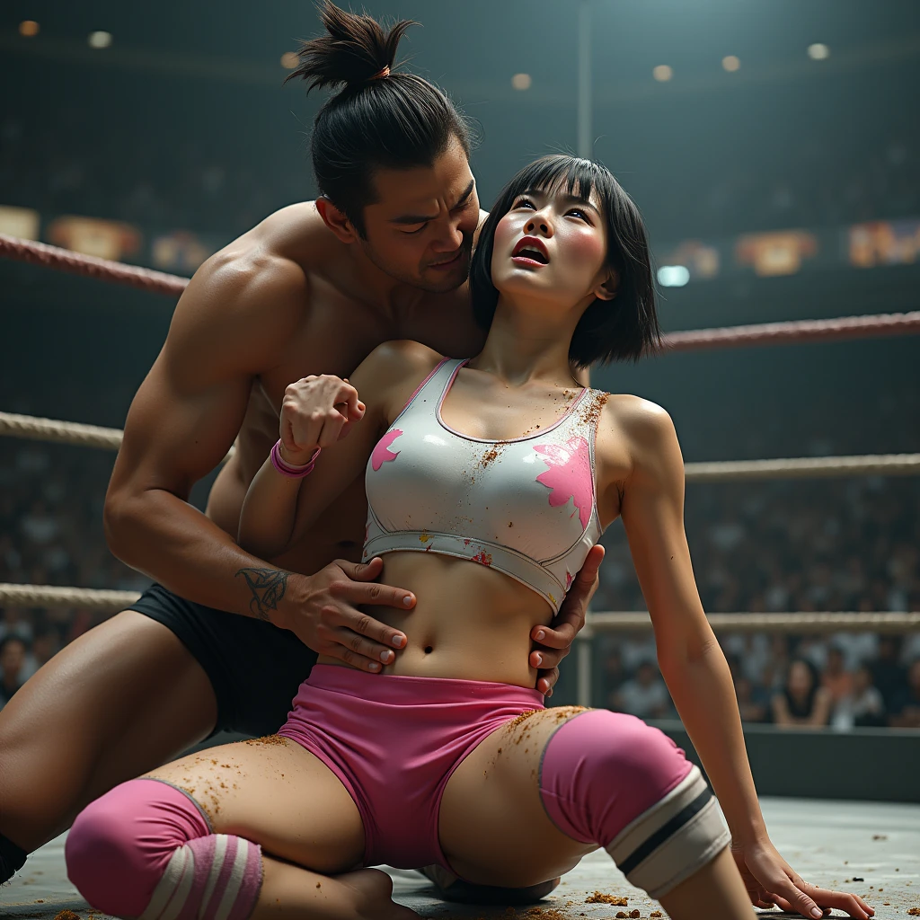 (8k, Realistic, RAW Photos, Highest quality: 1.4),In the pro wrestling ring, the female wrestler is being attacked by a male wrestler who is bigger than her. The female wrestler is a beautiful, slim Japanese woman, 24-years-old with shiny very short hair. Her body-hugging, glossy white and pink tank top accentuates her ample bust. She sits with her legs spread wide apart, her right arm broken by the relentless attack of the male wrestler. ((Unable to bear the pain, she presses her right arm with her left hand and looks up at the sky, letting out a loud scream)). The violent attack has left her outfit tattered and torn. The male wrestler stands behind the female wrestler, grabbing her hair and dragging her around. The female wrestler is closing her eyes with an expression of extreme agony.