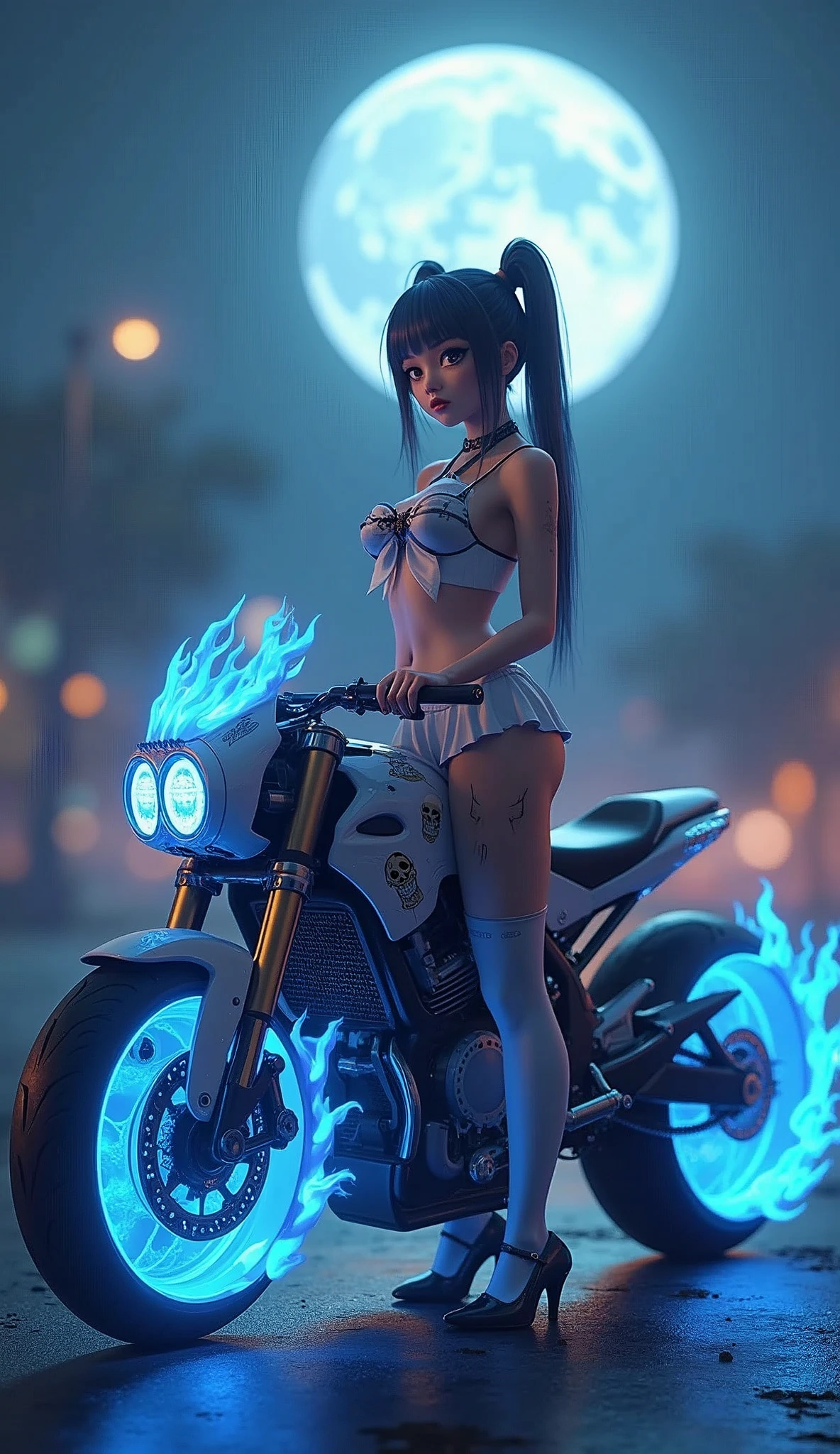 17-year-old Waifu posando na frente de uma motocicleta futurista, the motorcycle has skulls and blue flames highly detailed 3D graphics, night scenery with full moon in the background, she is wearing a Uniform with 3D skulls and flames and Sailor Miniskirt, Pantyhose , HDR, epic realism, high-octane rendering, obra de arte,