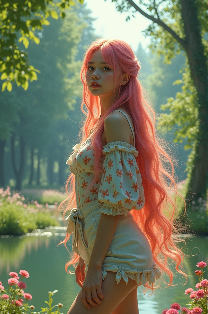 Beautiful girl with long hair, wearing Harajuku clothes, in the park, high detail