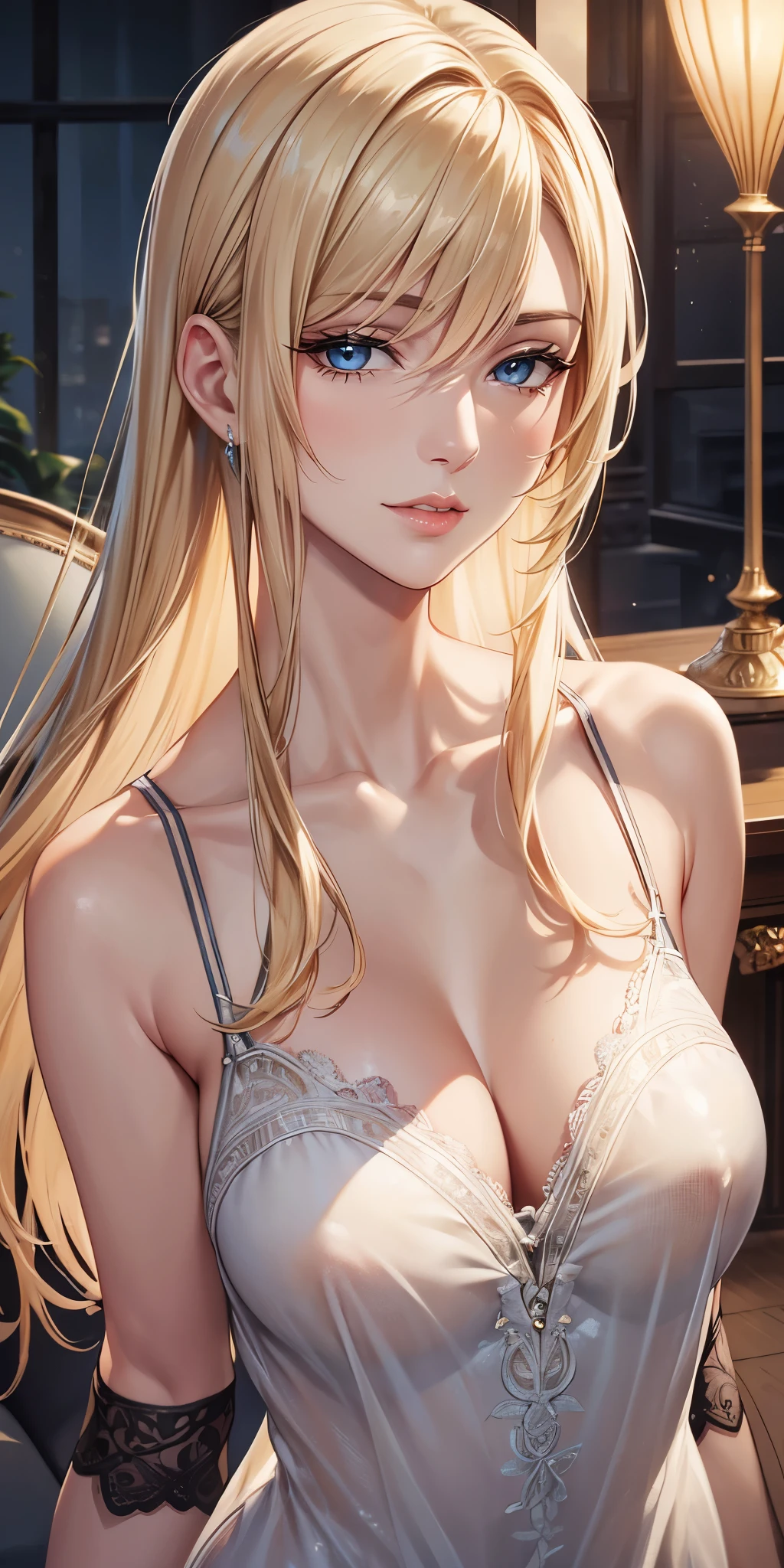 nsfw,Elegant mature woman, Mature Woman, Long blonde hair, blue eyes, Soft Light, Detailed, 4K resolution, high quality,Sheer camisole,Small breasts,Pointed breasts facing upwards,アDetailed瞳